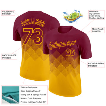 Custom Crimson Gold 3D Pattern Design Gradient Square Shapes Performance T-Shirt