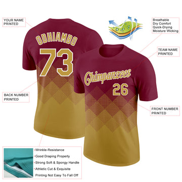 Custom Crimson Old Gold-White 3D Pattern Design Gradient Square Shapes Performance T-Shirt
