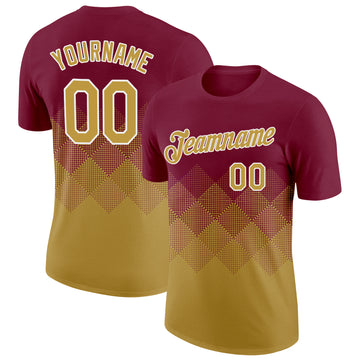 Custom Crimson Old Gold-White 3D Pattern Design Gradient Square Shapes Performance T-Shirt