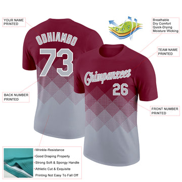 Custom Crimson Gray-White 3D Pattern Design Gradient Square Shapes Performance T-Shirt
