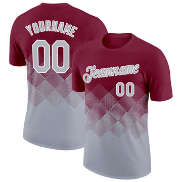 Custom Crimson Gray-White 3D Pattern Design Gradient Square Shapes Performance T-Shirt