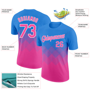 Custom Powder Blue Pink-White 3D Pattern Design Gradient Square Shapes Performance T-Shirt