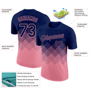 Custom Navy Medium Pink 3D Pattern Design Gradient Square Shapes Performance T-Shirt