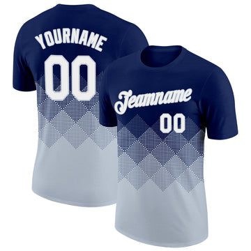 Custom Navy White-Silver 3D Pattern Design Gradient Square Shapes Performance T-Shirt