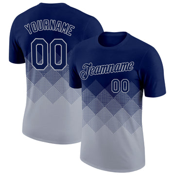 Custom Navy Gray 3D Pattern Design Gradient Square Shapes Performance T-Shirt