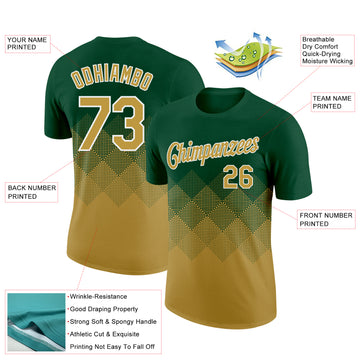Custom Green Old Gold-White 3D Pattern Design Gradient Square Shapes Performance T-Shirt