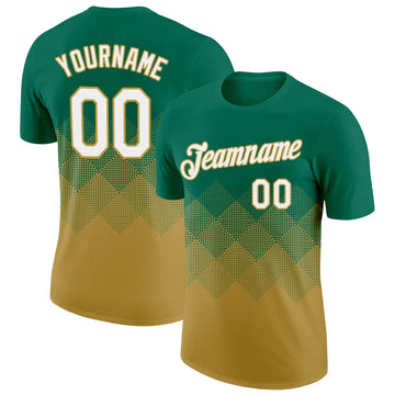 Custom Kelly Green White-Old Gold 3D Pattern Design Gradient Square Shapes Performance T-Shirt