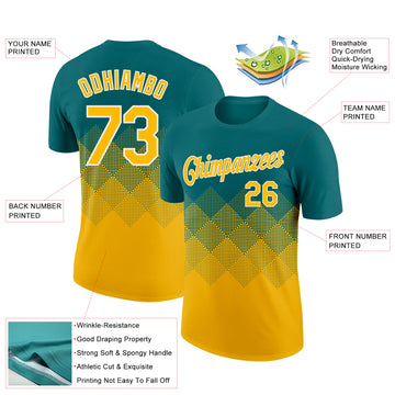Custom Teal Gold-White 3D Pattern Design Gradient Square Shapes Performance T-Shirt