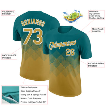 Custom Teal Old Gold-White 3D Pattern Design Gradient Square Shapes Performance T-Shirt