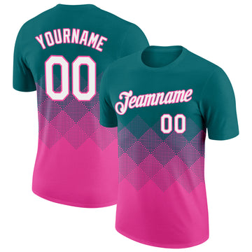 Custom Teal White-Pink 3D Pattern Design Gradient Square Shapes Performance T-Shirt