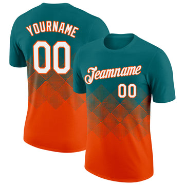 Custom Teal White-Orange 3D Pattern Design Gradient Square Shapes Performance T-Shirt