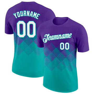 Custom Purple White-Aqua 3D Pattern Design Gradient Square Shapes Performance T-Shirt