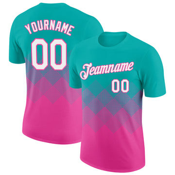 Custom Aqua White-Pink 3D Pattern Design Gradient Square Shapes Performance T-Shirt