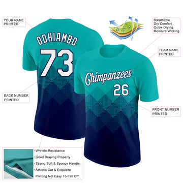 Custom Aqua White-Navy 3D Pattern Design Gradient Square Shapes Performance T-Shirt