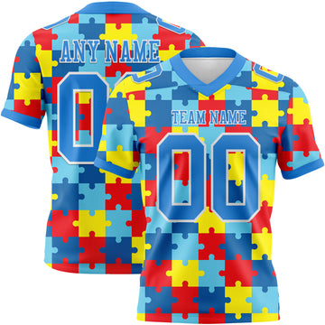 Custom Powder Blue White 3D Pattern Autism Awareness Puzzle Pieces Authentic Football Jersey