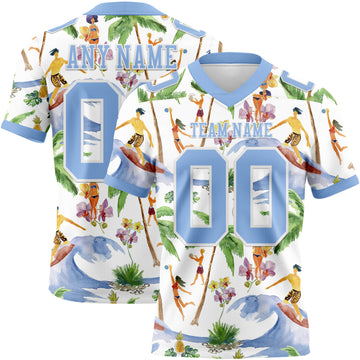 Custom White Light Blue 3D Pattern Beach Hawaii Palm Trees Mesh Authentic Football Jersey