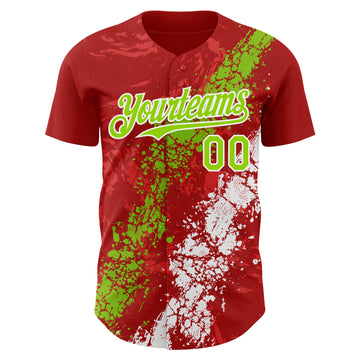 Custom Red Neon Green-White 3D Pattern Design Splash Authentic Baseball Jersey