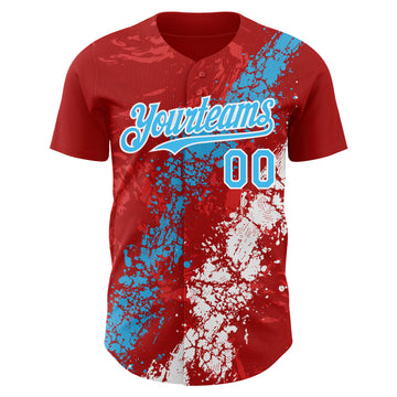 Custom Red Sky Blue-White 3D Pattern Design Splash Authentic Baseball Jersey