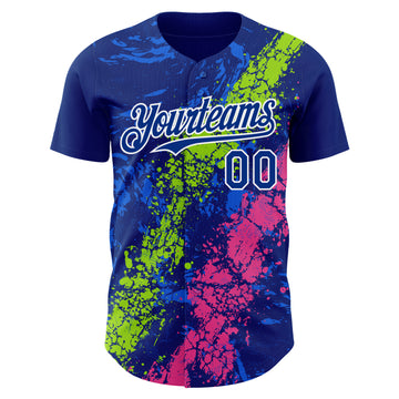 Custom Royal Neon Green Pink-White 3D Pattern Design Splash Authentic Baseball Jersey