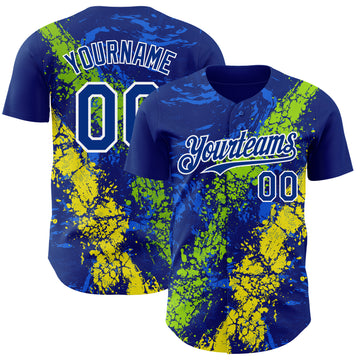 Custom Royal Neon Green Light Yellow-White 3D Pattern Design Splash Authentic Baseball Jersey
