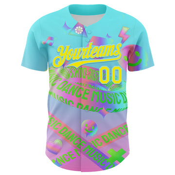 Custom Blue Light Yellow-Ice Blue 3D Pattern Design Trippy Dance Music Acid Authentic Baseball Jersey