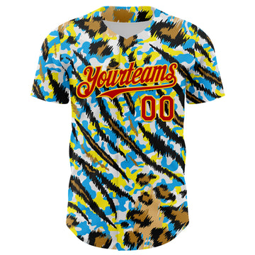 Custom White Red-Gold 3D Pattern Design Rave Party Animal Tiger And Leopard Print Authentic Baseball Jersey