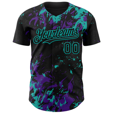 Custom Black Purple-Aqua 3D Pattern Design Splash Authentic Baseball Jersey