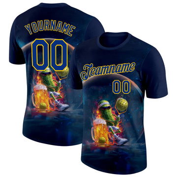 Custom Navy Royal-Yellow 3D Funny Pickleball Paddles Balls Beer Performance T-Shirt