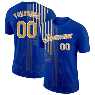 Custom Blue Old Gold-White 3D Pattern Design Brazil Stripe Sport Wear Performance T-Shirt