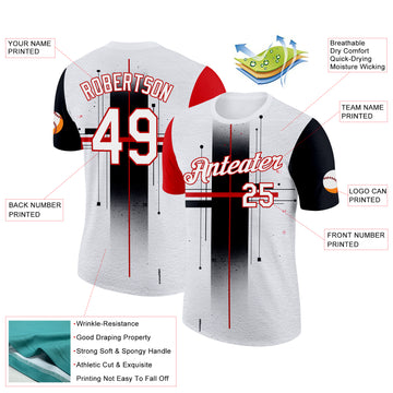 Custom White Black-Red 3D Pattern Design Gradient Cross Sport Wear Performance T-Shirt