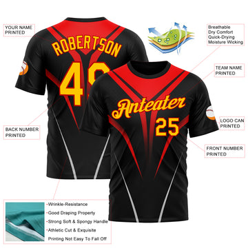 Custom Black Yellow-Red 3D Pattern Design Gradient Line Sport Wear Performance T-Shirt