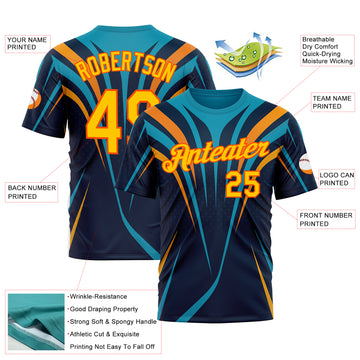 Custom Blue Yellow-Orange 3D Pattern Design Line Sport Wear Performance T-Shirt