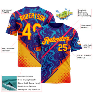 Custom Dark Purple Yellow-Orange 3D Pattern Design Romania Colombia Sport Wear Performance T-Shirt