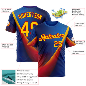 Custom Blue Yellow-Red 3D Pattern Design Romania Colombia Sport Wear Performance T-Shirt