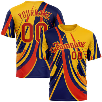 Custom Yellow Red-Blue 3D Pattern Design Romania Colombia Sport Wear Performance T-Shirt