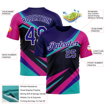 Custom Blue Dark Purple Black Pink-White 3D Pattern Design Line Sport Wear Performance T-Shirt