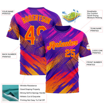 Custom Purple Orange-Yellow 3D Pattern Design Splash Sport Wear Performance T-Shirt