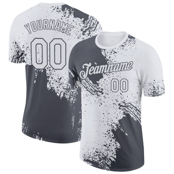 Custom White Steel Gray 3D Pattern Design Abstract Brush Stroke Performance T-Shirt