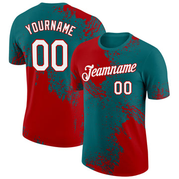 Custom Teal White-Red 3D Pattern Design Abstract Brush Stroke Performance T-Shirt