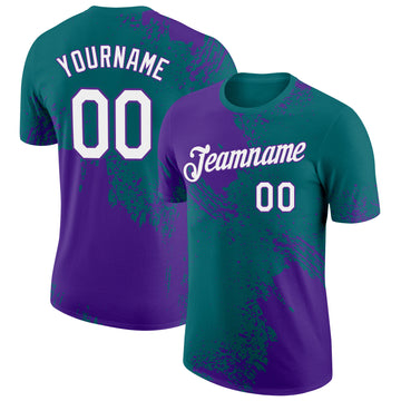 Custom Teal White-Purple 3D Pattern Design Abstract Brush Stroke Performance T-Shirt