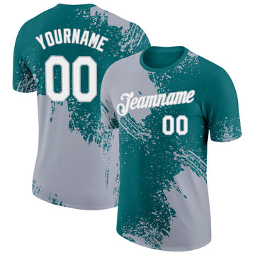 Custom Teal White-Gray 3D Pattern Design Abstract Brush Stroke Performance T-Shirt
