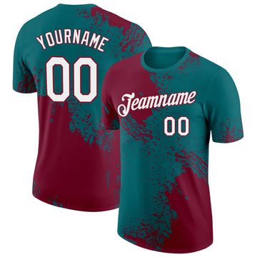 Custom Teal White-Crimson 3D Pattern Design Abstract Brush Stroke Performance T-Shirt