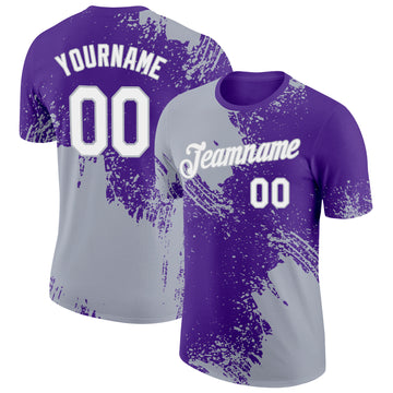 Custom Purple White-Gray 3D Pattern Design Abstract Brush Stroke Performance T-Shirt