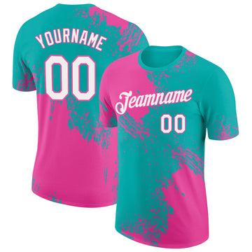 Custom Aqua White-Pink 3D Pattern Design Abstract Brush Stroke Performance T-Shirt