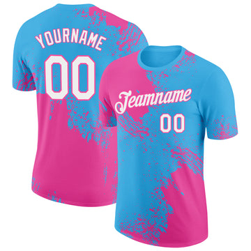 Custom Sky Blue White-Pink 3D Pattern Design Abstract Brush Stroke Performance T-Shirt