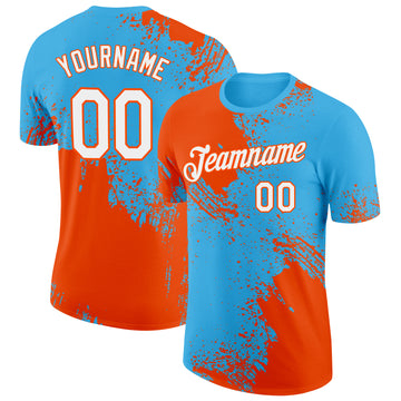 Custom Sky Blue White-Orange 3D Pattern Design Abstract Brush Stroke Performance T-Shirt