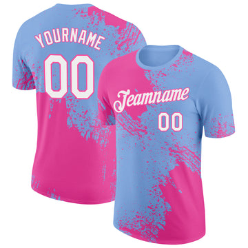 Custom Light Blue White-Pink 3D Pattern Design Abstract Brush Stroke Performance T-Shirt