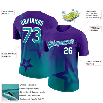 Custom Purple Teal-White 3D Pattern Design Gradient Style Twinkle Star Performance T-Shirt