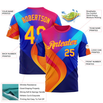 Custom Deep Pink Yellow-Blue 3D Pattern Design Neon Chromatic Sport Wear Performance T-Shirt