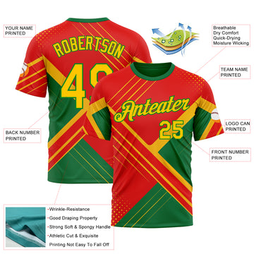 Custom Red Yellow-Grass Green 3D Pattern Design Mexico Brazil Sport Wear Performance T-Shirt